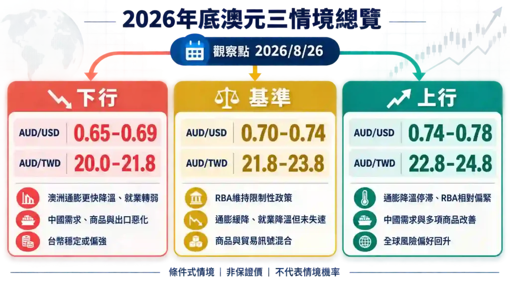 1.1. 2026年底AUD/USD與AUD/TWD三種情境怎麼設定？