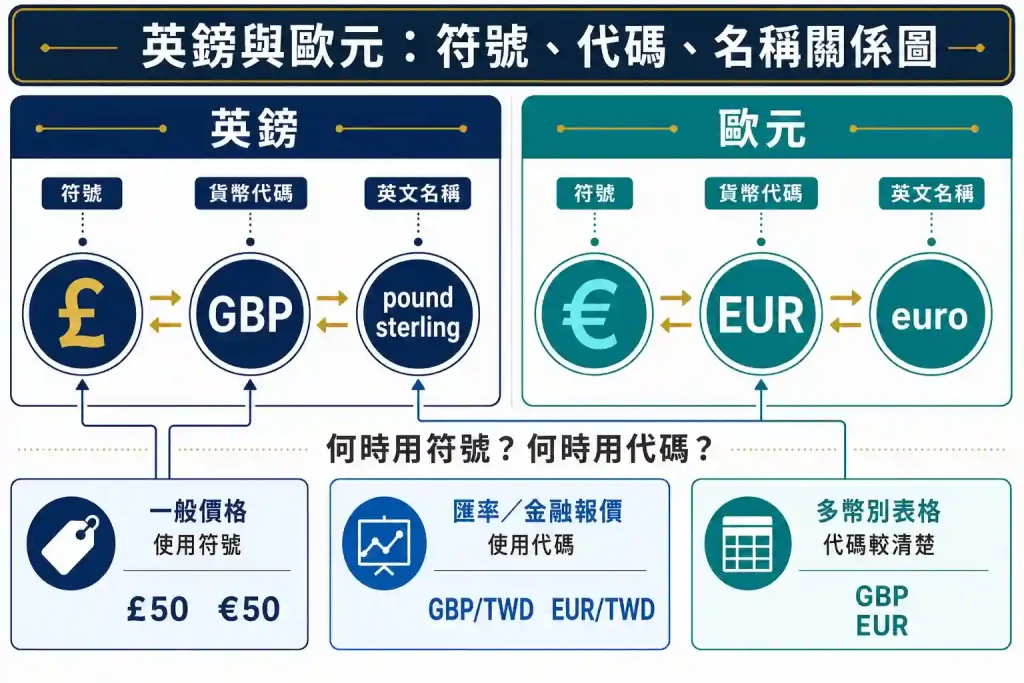 5. 英鎊符號 £、貨幣代碼 GBP 與歐元符號 € 有什麼不同？