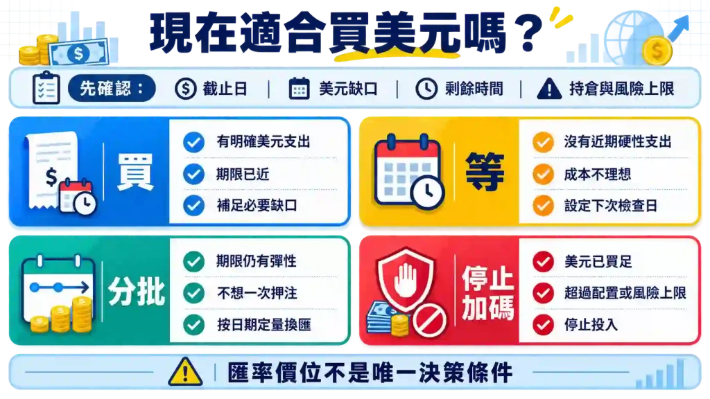 1.2. 美元用途與期限如何決定買、等、分批或停止加碼？